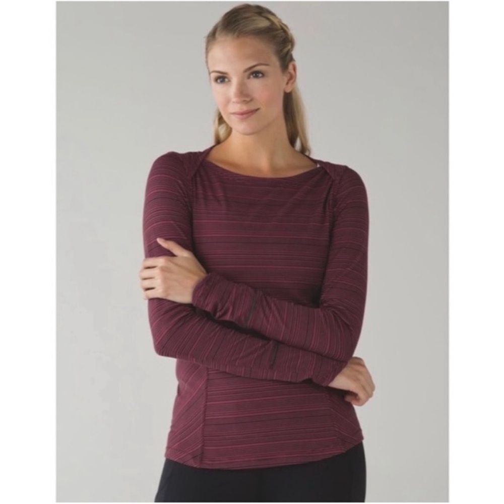 LULULEMON Kanto Catch Me Long Sleeve Rulu Top Size 8 Stripe Wine Berry Black